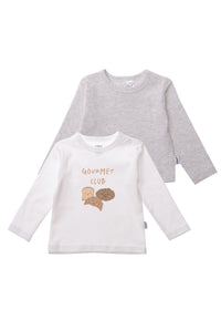 Doppelpack Langarmshirts in weiß und grau melange mit Print "Gourmet Club."