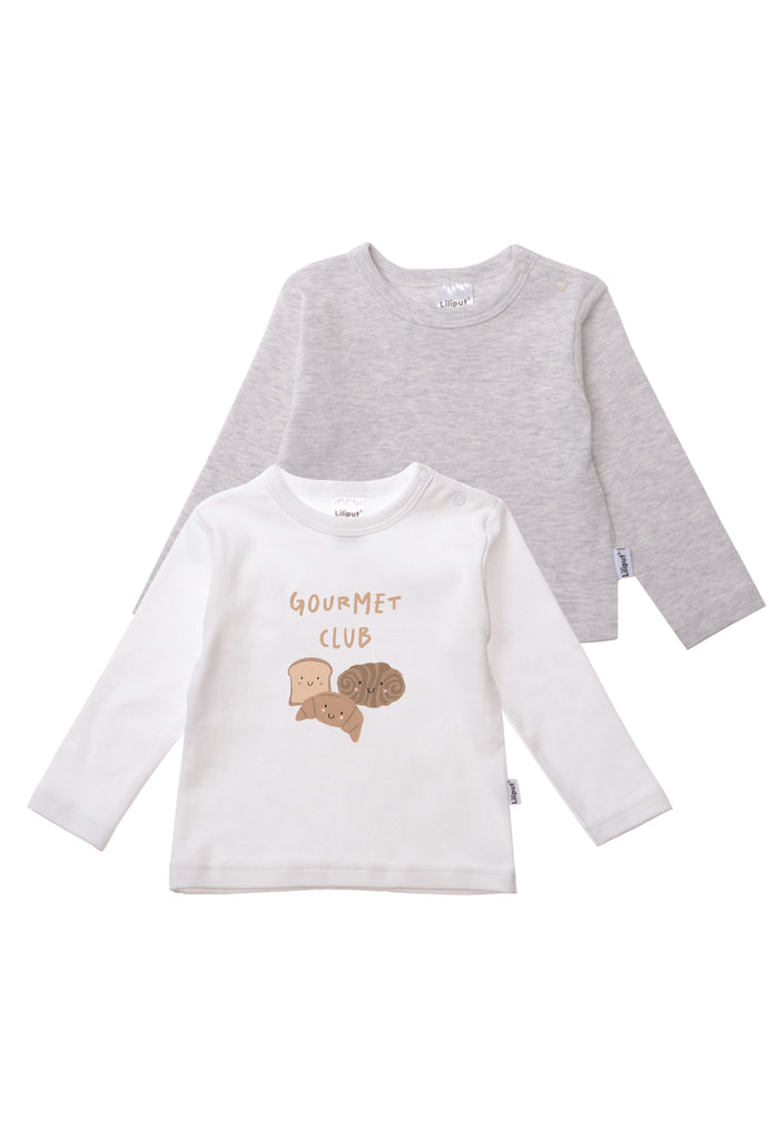 Doppelpack Langarmshirts in weiß und grau melange mit Print "Gourmet Club."