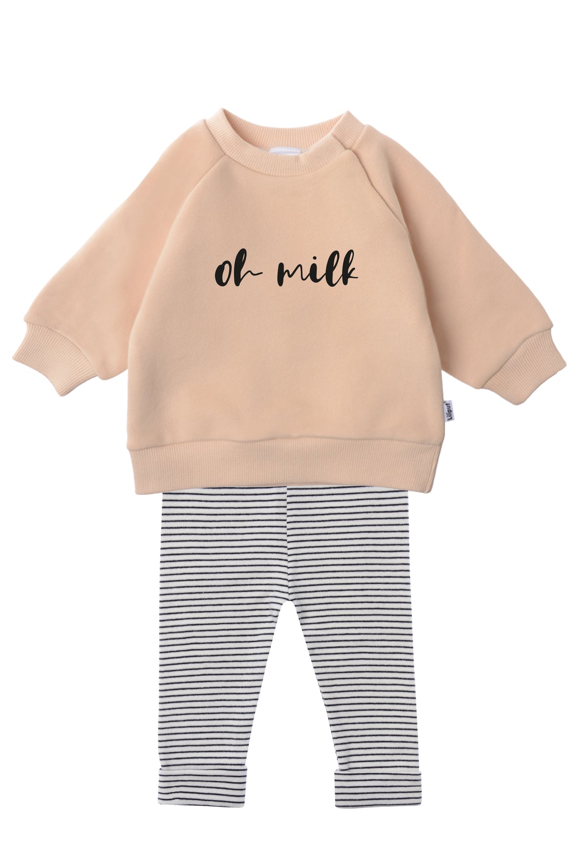 Outfit aus Sweatshirt in beige mit oh milk Print und passender Leggings in schwar-ecru gestreift.