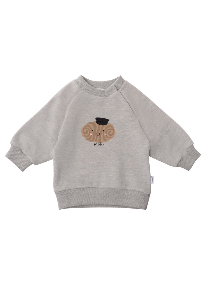 Sweatshirt in grau melange mit Franzbrötchen Aufdruck auf der Vorderseite.