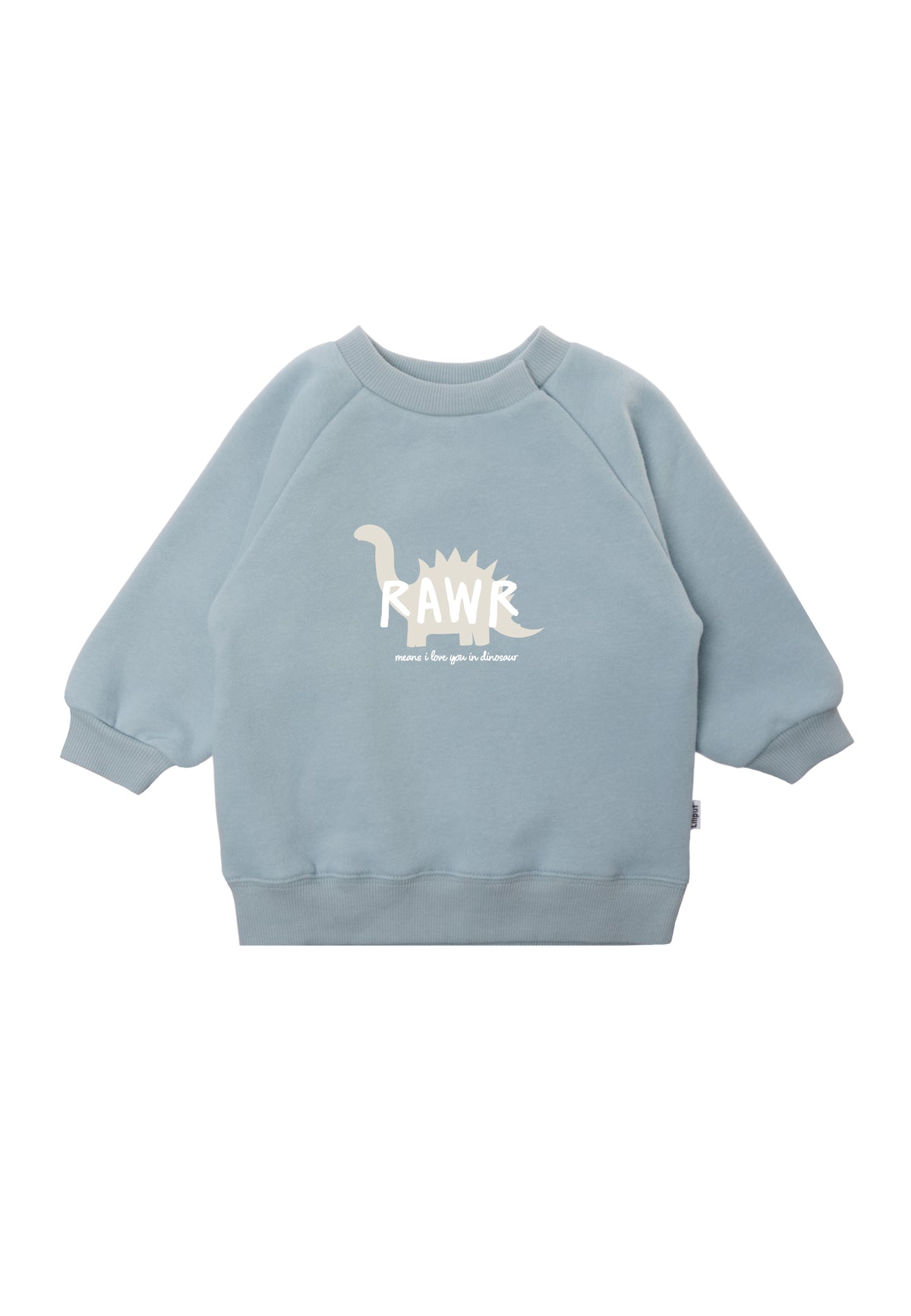 Dino Sweatshirt in hellblau und Wording in weiß/ecru.