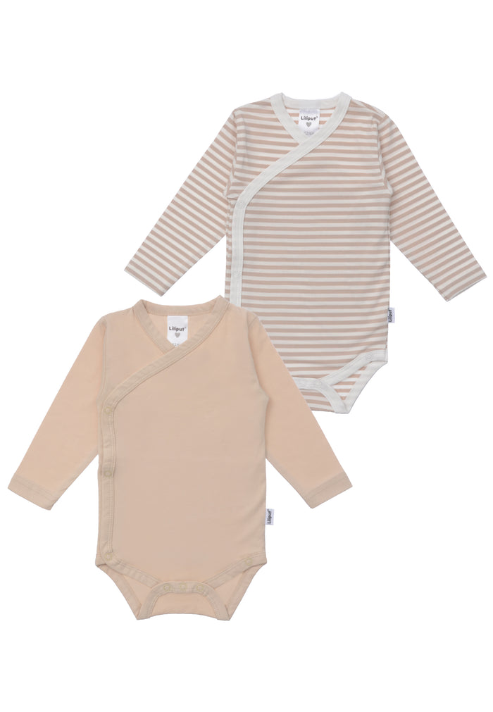 Doppelpack Wickelbodys mit langem Arm in beige und beige-ecru geringelt. 