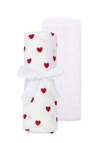 2er Pack Musselintücher in weiß und weiß mit Herzchen-Print