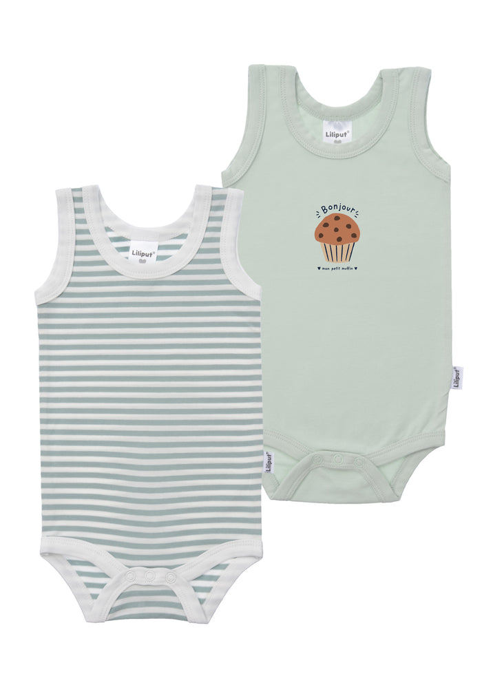 2er Pack Achselbodys in schilf und gestreift mit Muffin Print