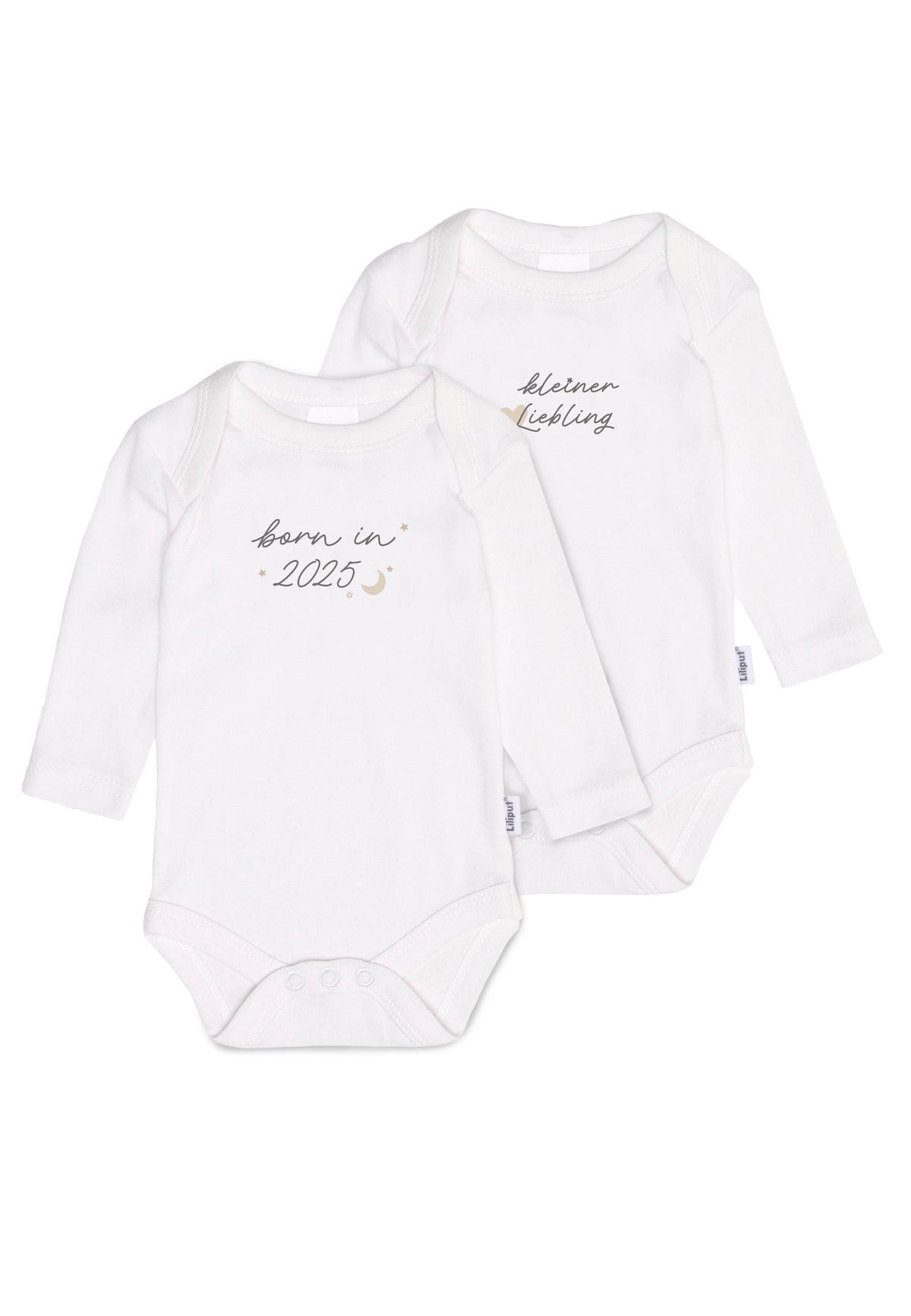 2 Langarm-Amineckbodys in weiß mit niedlichen sprüchen "born in 2025" und "kleiner liebling"