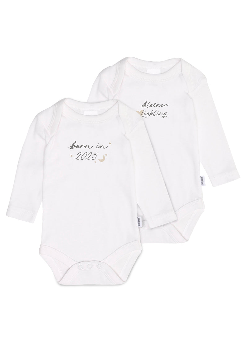 2 Langarm-Amineckbodys in weiß mit niedlichen sprüchen "born in 2025" und "kleiner liebling"