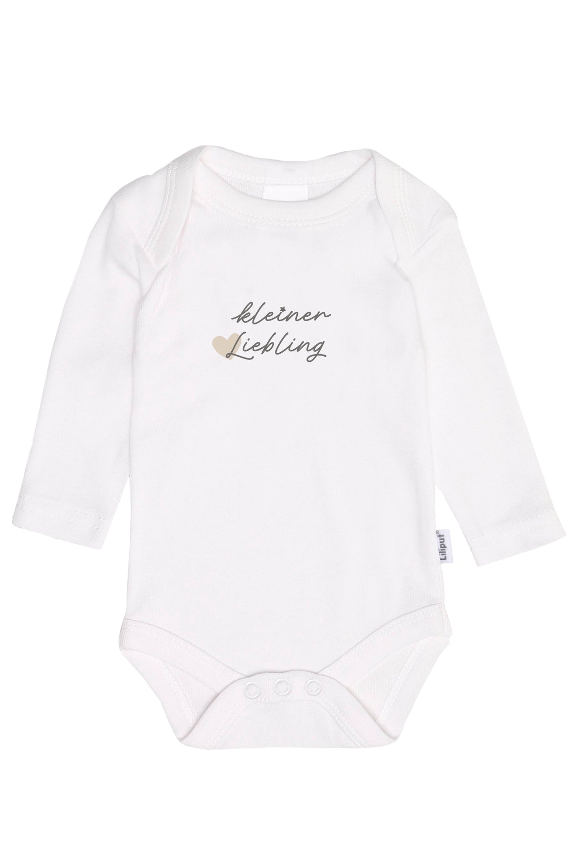 vorderseite vom Langarm-Amineckbodys in weiß mit niedlichen sprüch"born "kleiner liebling"