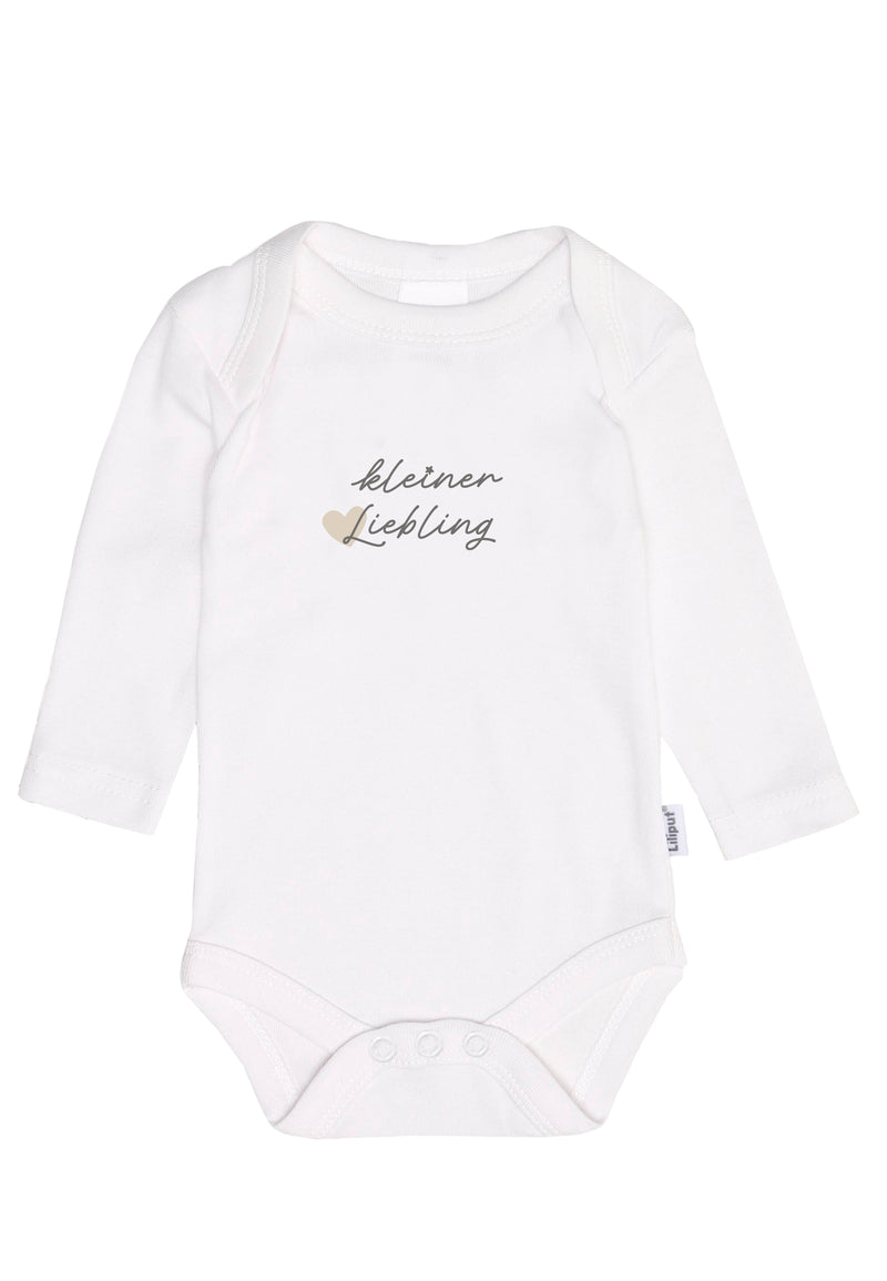 vorderseite vom Langarm-Amineckbodys in weiß mit niedlichen sprüch"born "kleiner liebling"