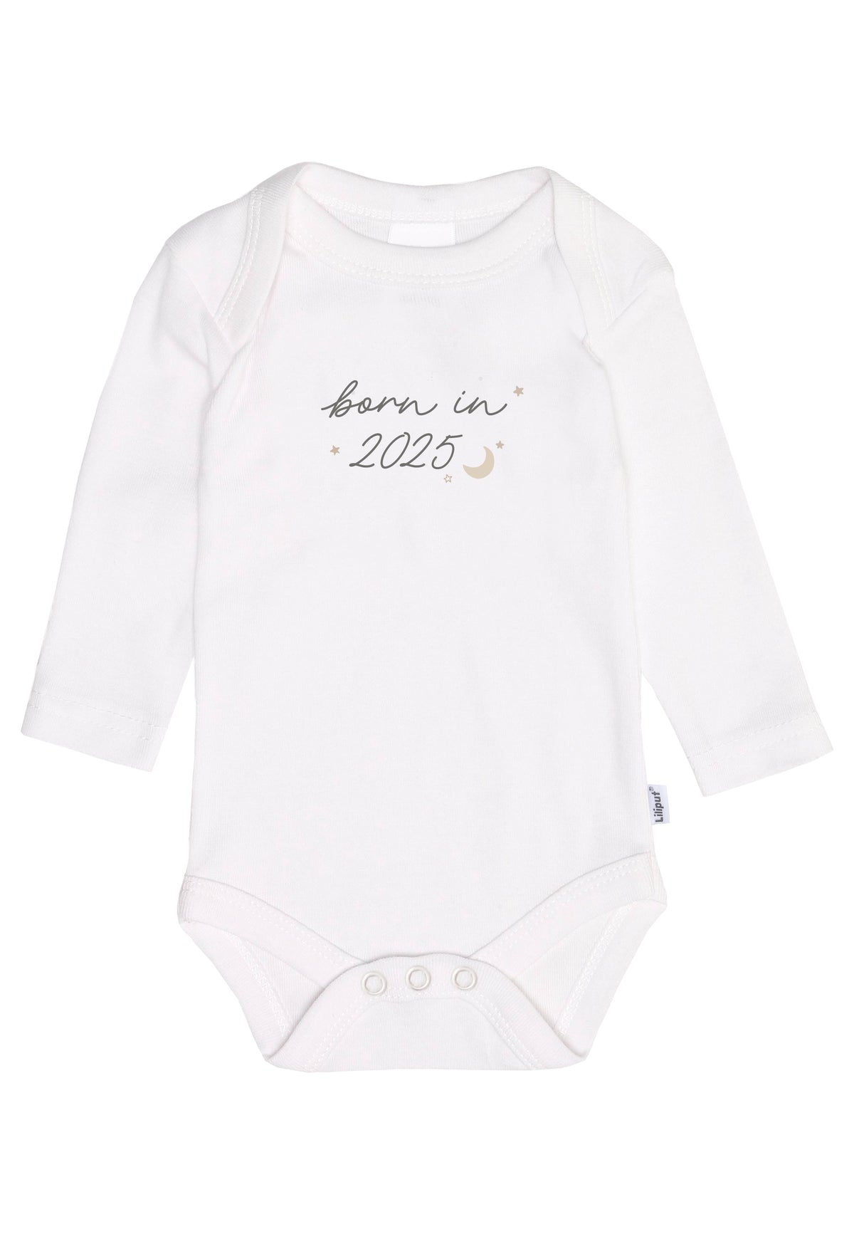 vorderseite vom Langarm-Amineckbodys in weiß mit niedlichen sprüch "born in 2025"
