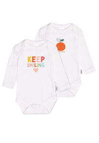 Doppelpack Amineckbodys in weiß mit bunten Aufdrucken "keep smiling" und einer lustigen Orange.