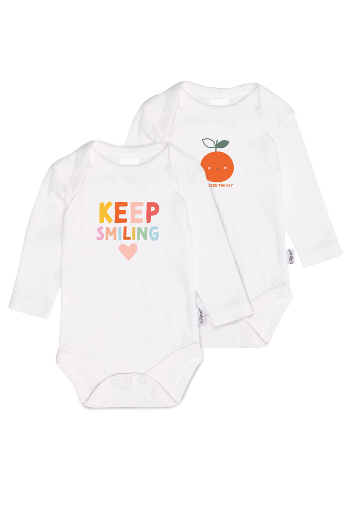 Doppelpack Amineckbodys in weiß mit bunten Aufdrucken "keep smiling" und einer lustigen Orange.