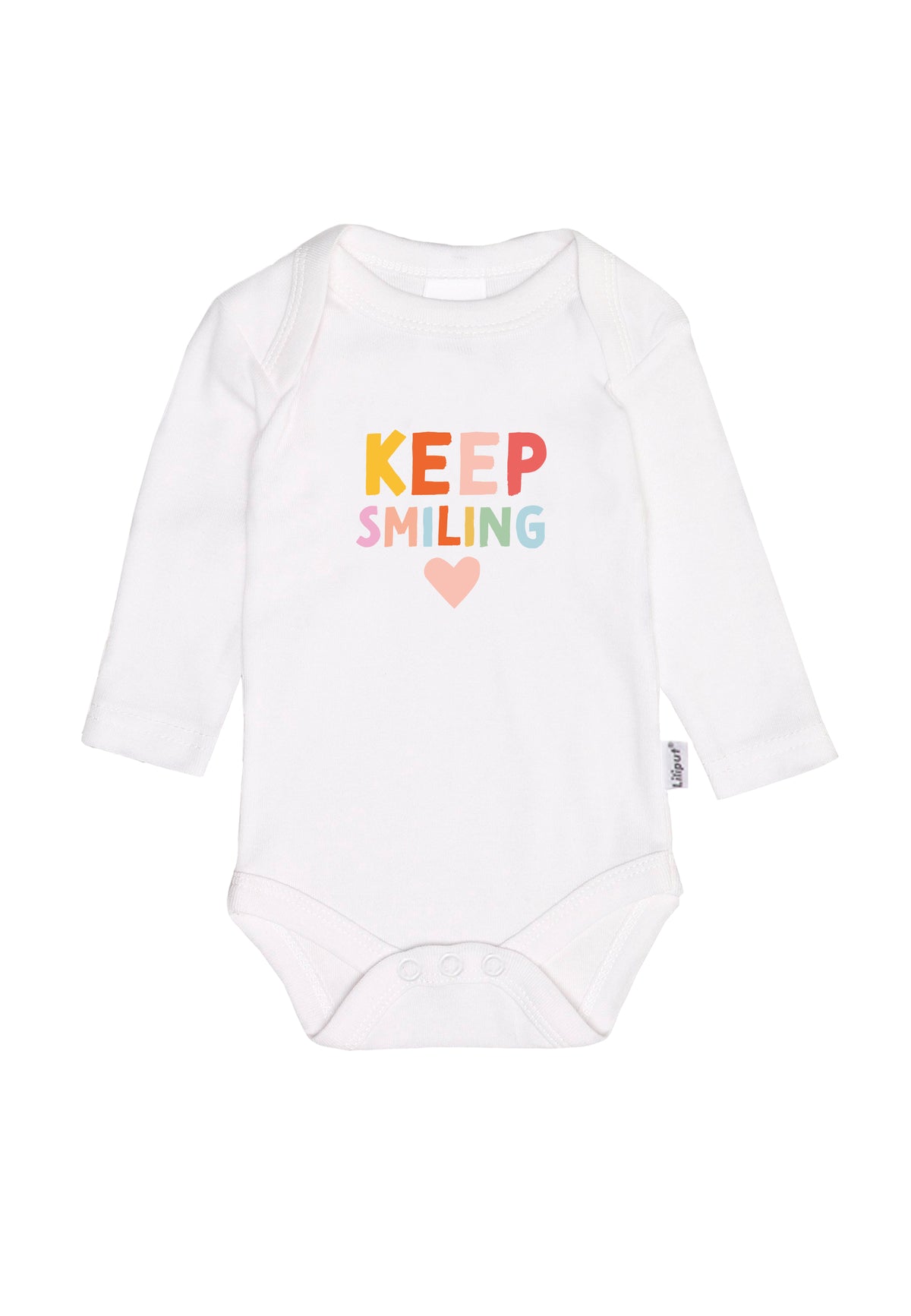 Frontansicht des weißen Amineckbodys mit langem Arm und buntem "keep smiling" Aufdruck.
