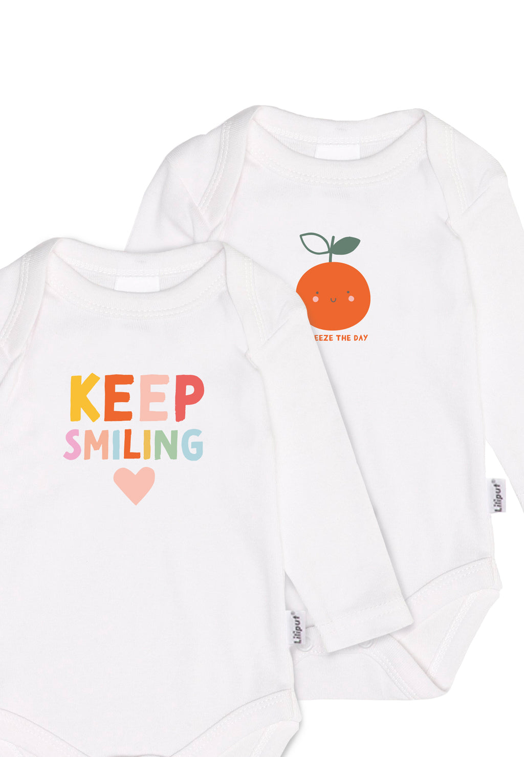 Doppelpack Amineckbodys in weiß mit bunten Aufdrucken "keep smiling" und einer lustigen Orange.