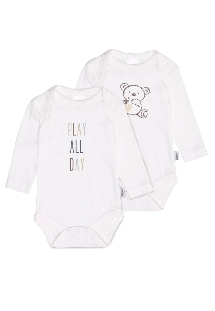 Doppelpack Amineckbodys in weiß mit niedlichem Aufdruck Play all day und Teddy Print.