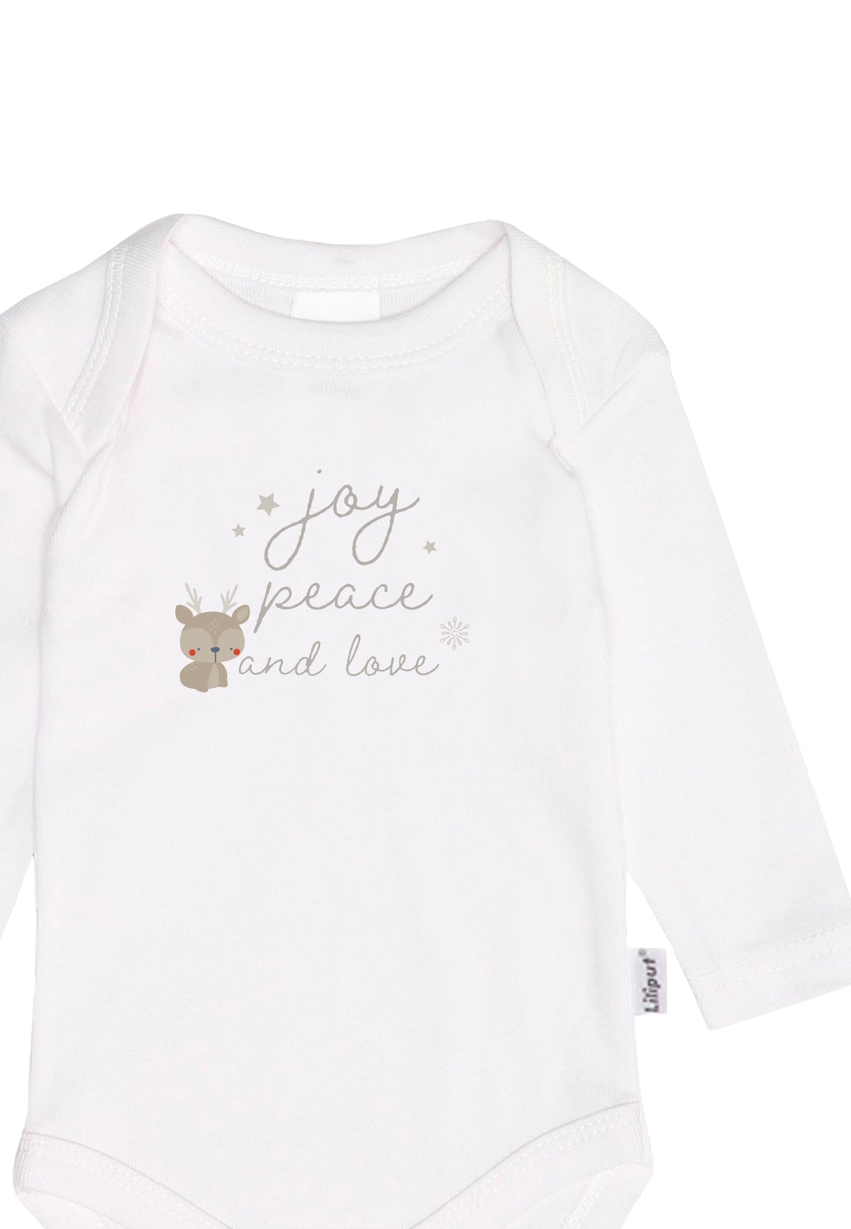 Detailansicht des Langarmbodys mit weihnachtlichem Wording joy, peace, love