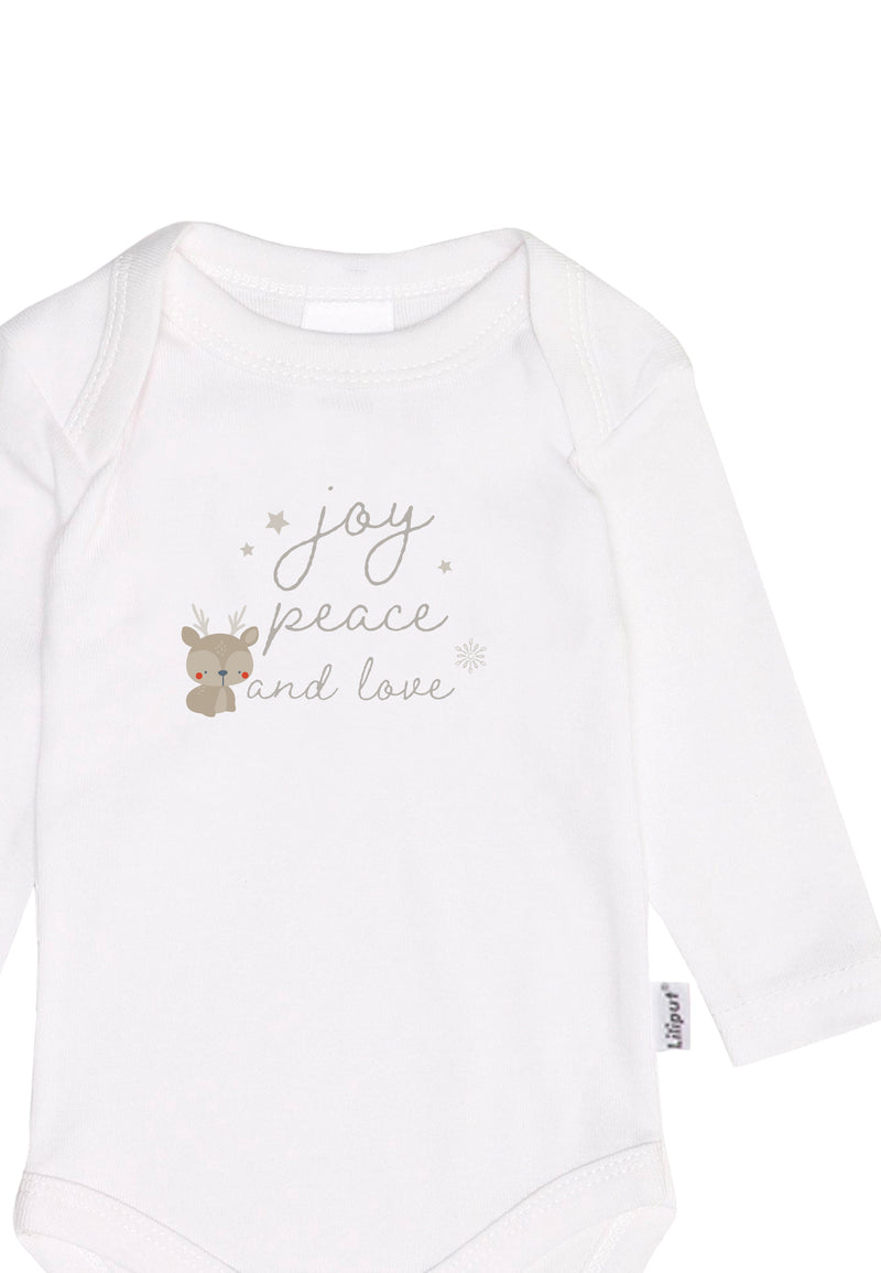 Detailansicht des Langarmbodys mit weihnachtlichem Wording joy, peace, love