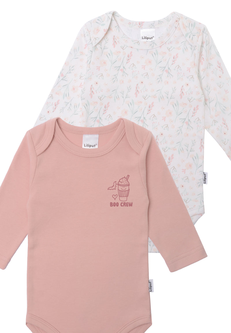 2er-Pack Langarmbodys in rosé und Blumen mit Print "Boo Crew"