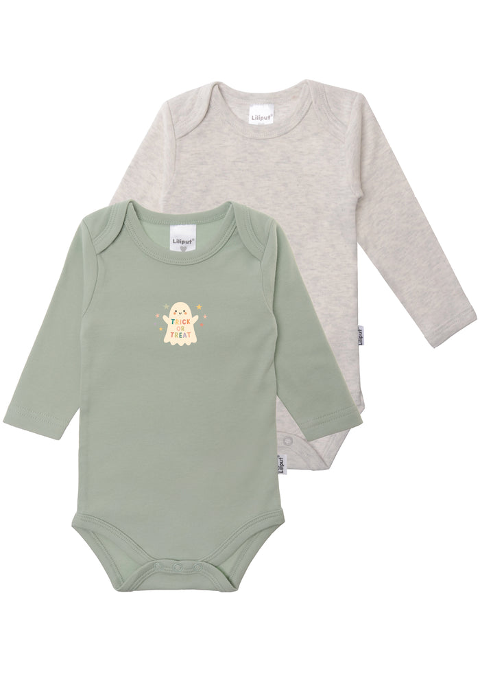 2er-Pack Langarmbodys in schilf und grau "Trick or Treat"