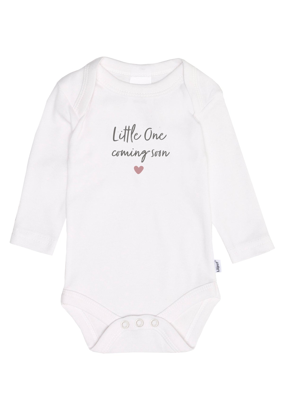 Langarmbody in weiß mit Print "Little one coming soon"