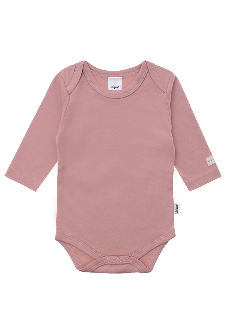 Langarmbodys in rosè mit kleinem Patch "oh happy day" am Arm.