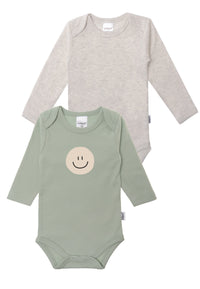 2er-Pack Langarmbodys in schilf und grau "Smiley"