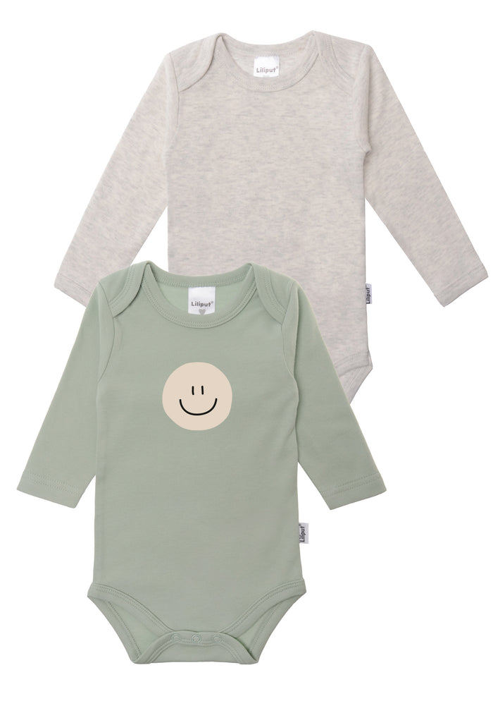 2er-Pack Langarmbodys in schilf und grau "Smiley"
