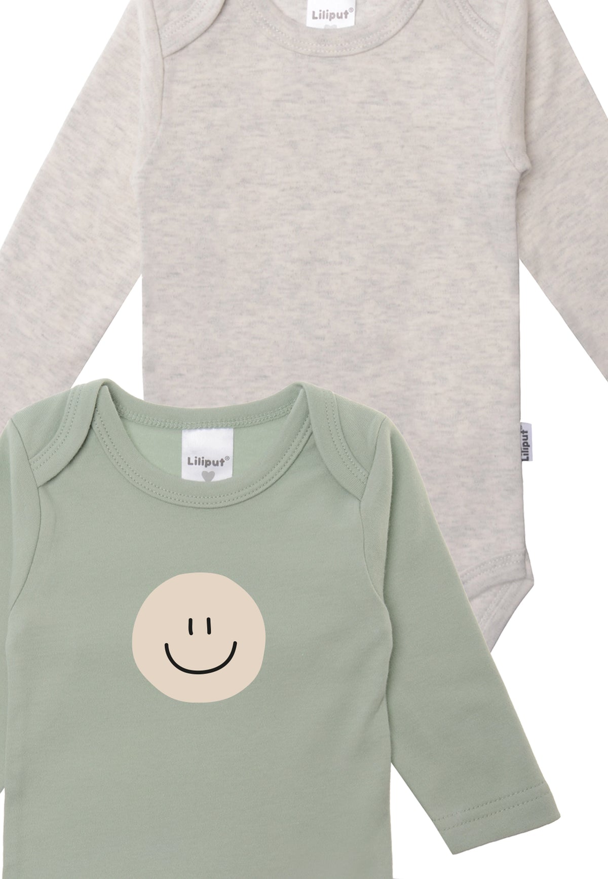 2er-Pack Langarmbodys in schilf und grau "Smiley"