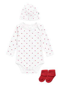 3-teiliges Babyset mit Herzchenprint in Weiß & Rot