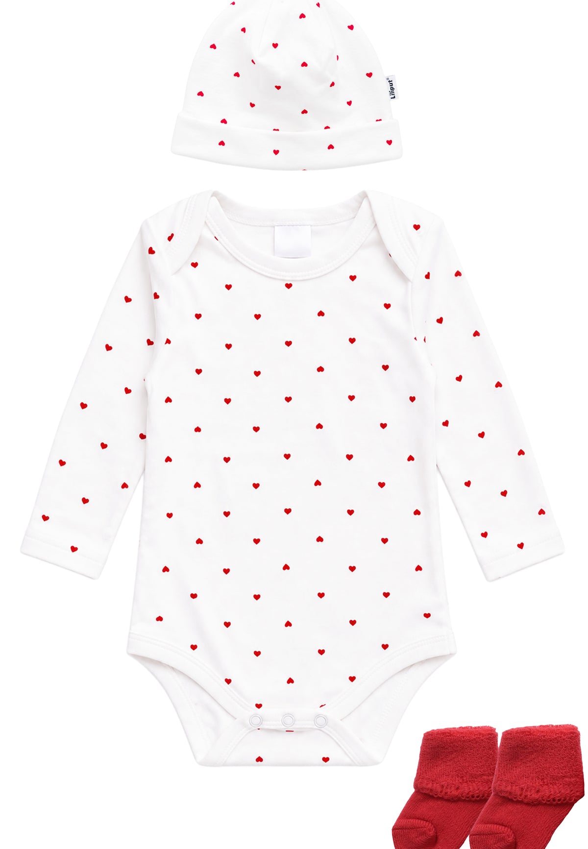 3-teiliges Babyset mit Herzchenprint in Weiß & Rot