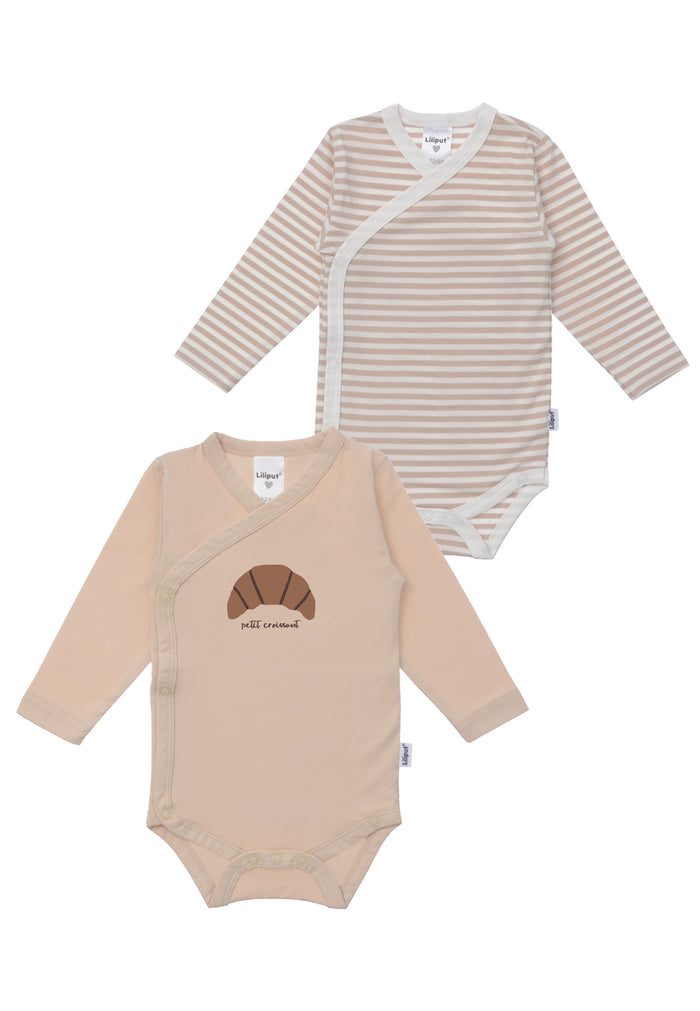 2er-Pack Langarm-Wickelbodys beige und geringelt mit Croissant Print