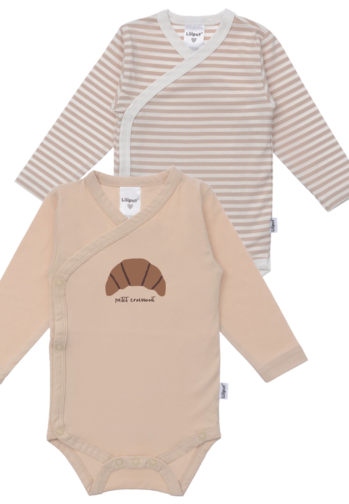 2er-Pack Langarm-Wickelbodys beige und geringelt mit Croissant Print