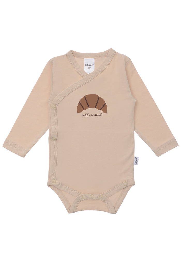 2er-Pack Langarm-Wickelbodys beige und geringelt mit Croissant Print