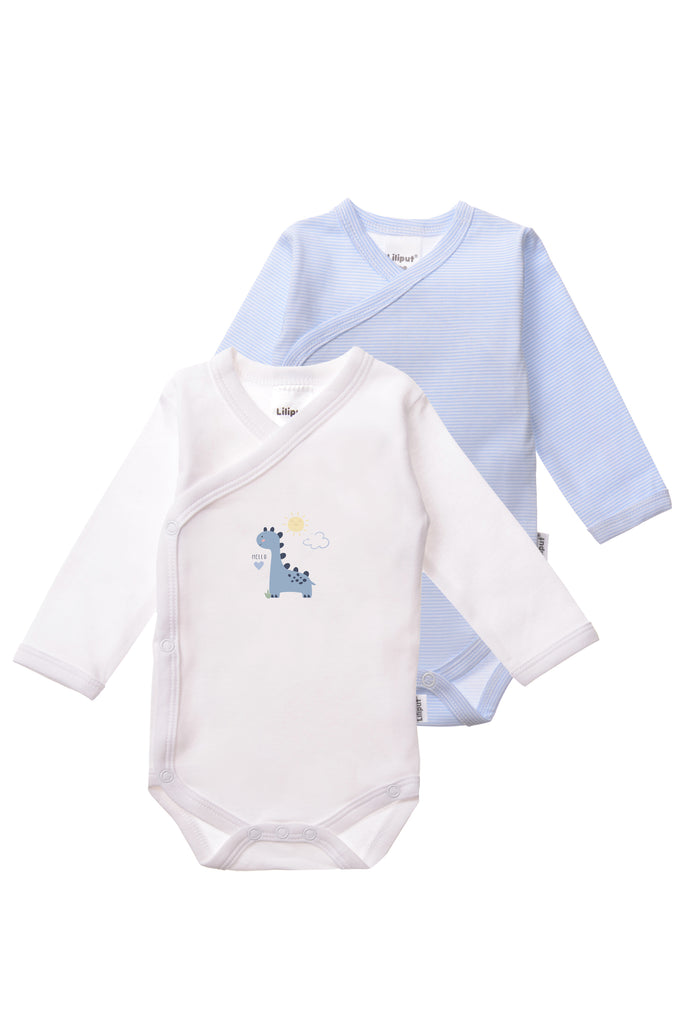 Doppelpack Wickelbodys mit langem Arm. 1x hellblau gestreift und 1x in weiß mit Dino Print.