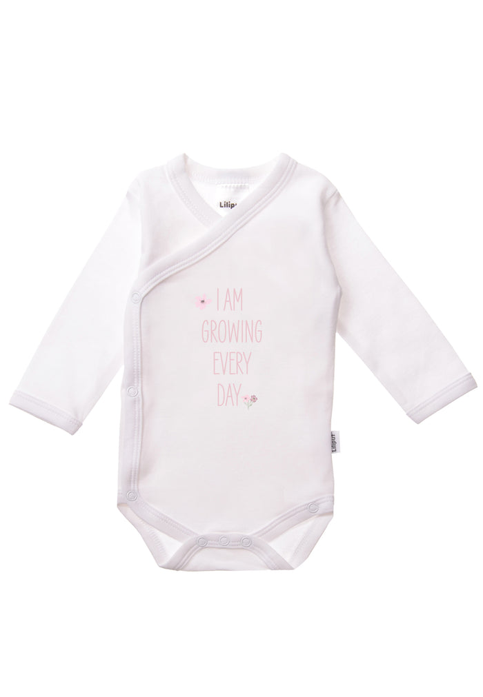 Weißer langarm Wickelbody mit rosa Aufdruck "i am growing every day."