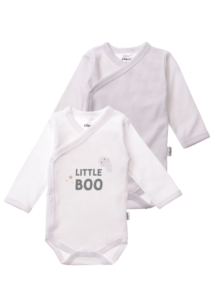 Doppelpack Wickelbodys mit langem Arm. 1x in grau gestreift und 1x in weiß mit Halloween Print "little BOO"