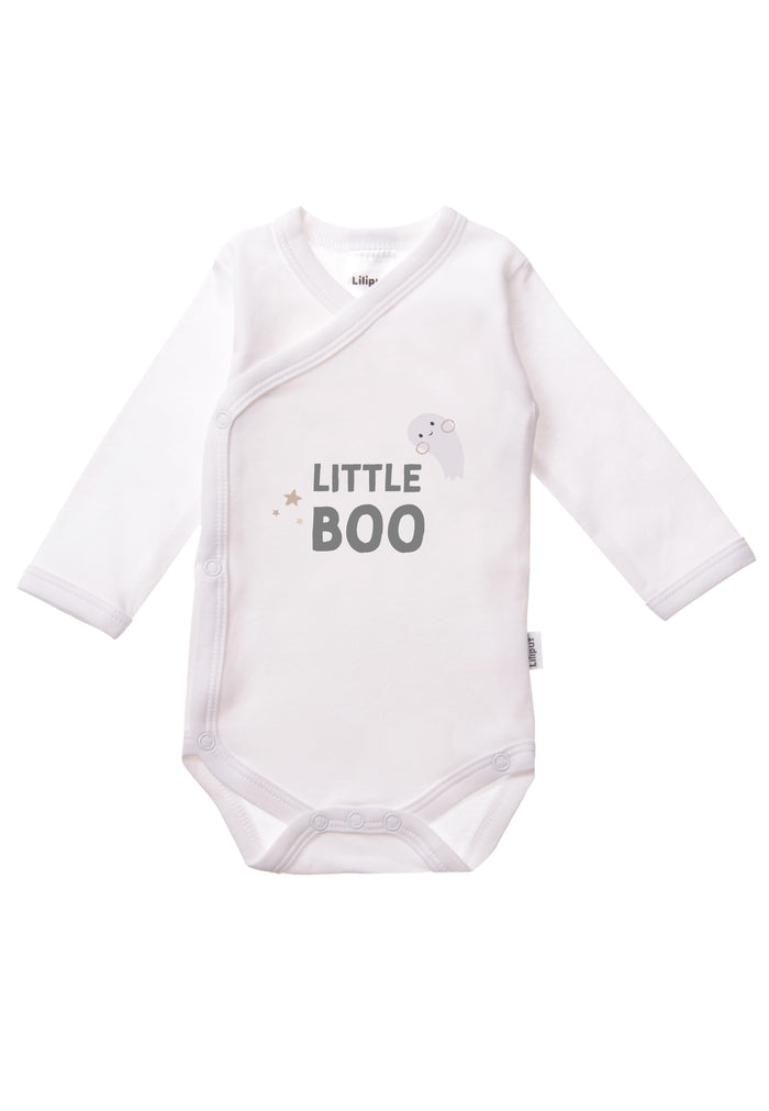 Frontansicht des Langarmbodys mit gespenstischem Halloween Print.