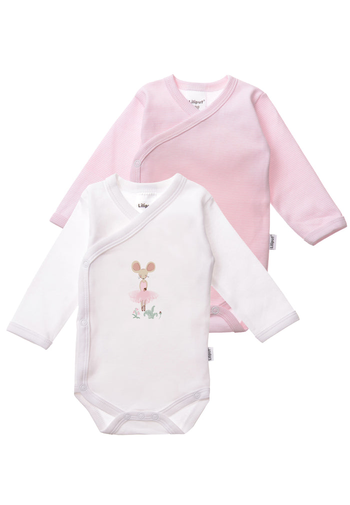 Doppelpack Wickelbodys. 1x mit rosa Streifen und 1x in weiß mit kleiner Ballerina Maus.