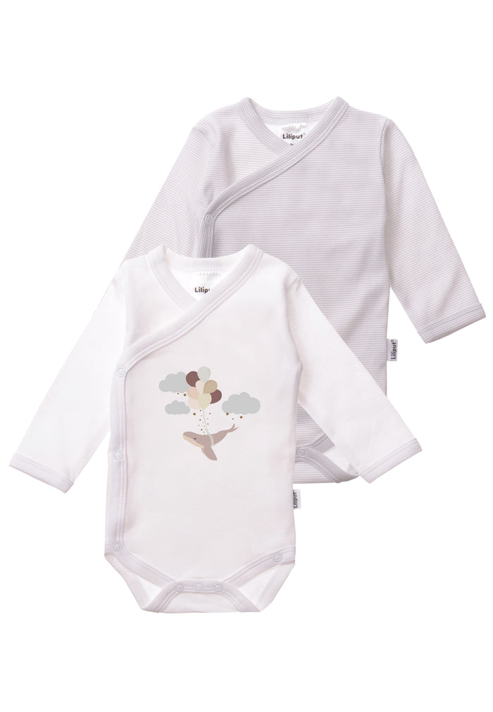 Doppelpack Wickelbodys mit langem Arm in grau gestreift und weiß mit Wal Aufdruck.