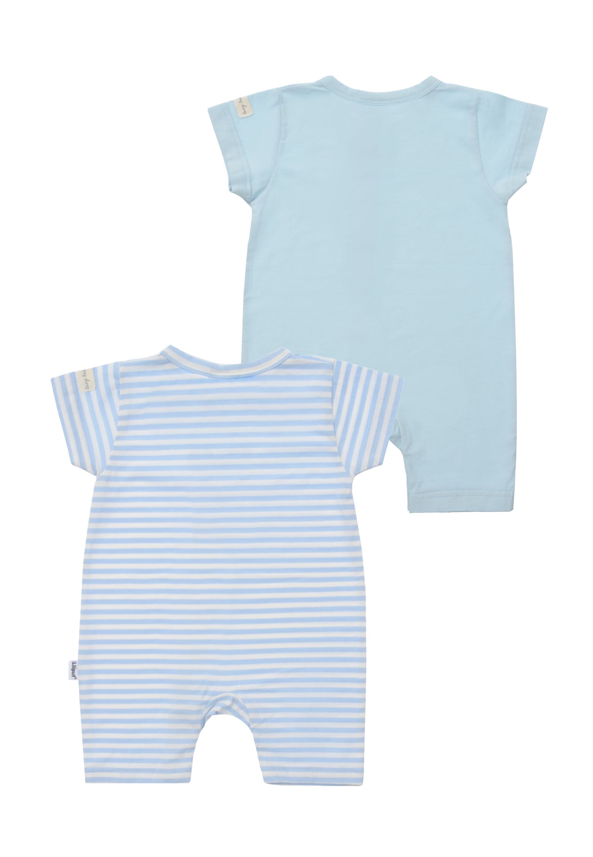 Rückseite der beiden hellblau,- und hellblau-gestreiften Jumpsuits.