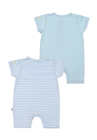Rückseite der beiden hellblau,- und hellblau-gestreiften Jumpsuits.
