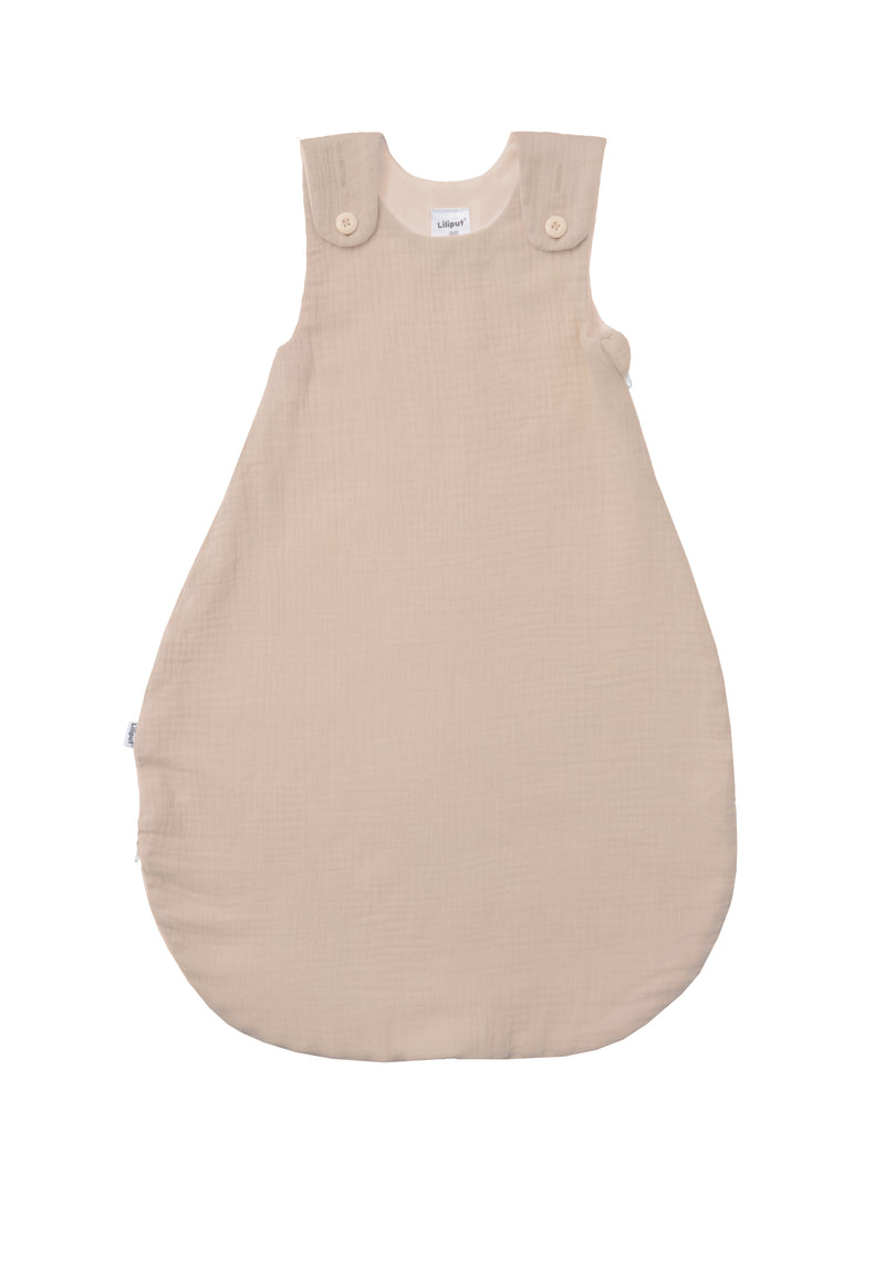 Babyschlafsack aus Musselin in beige, perfekt für den Sommer.