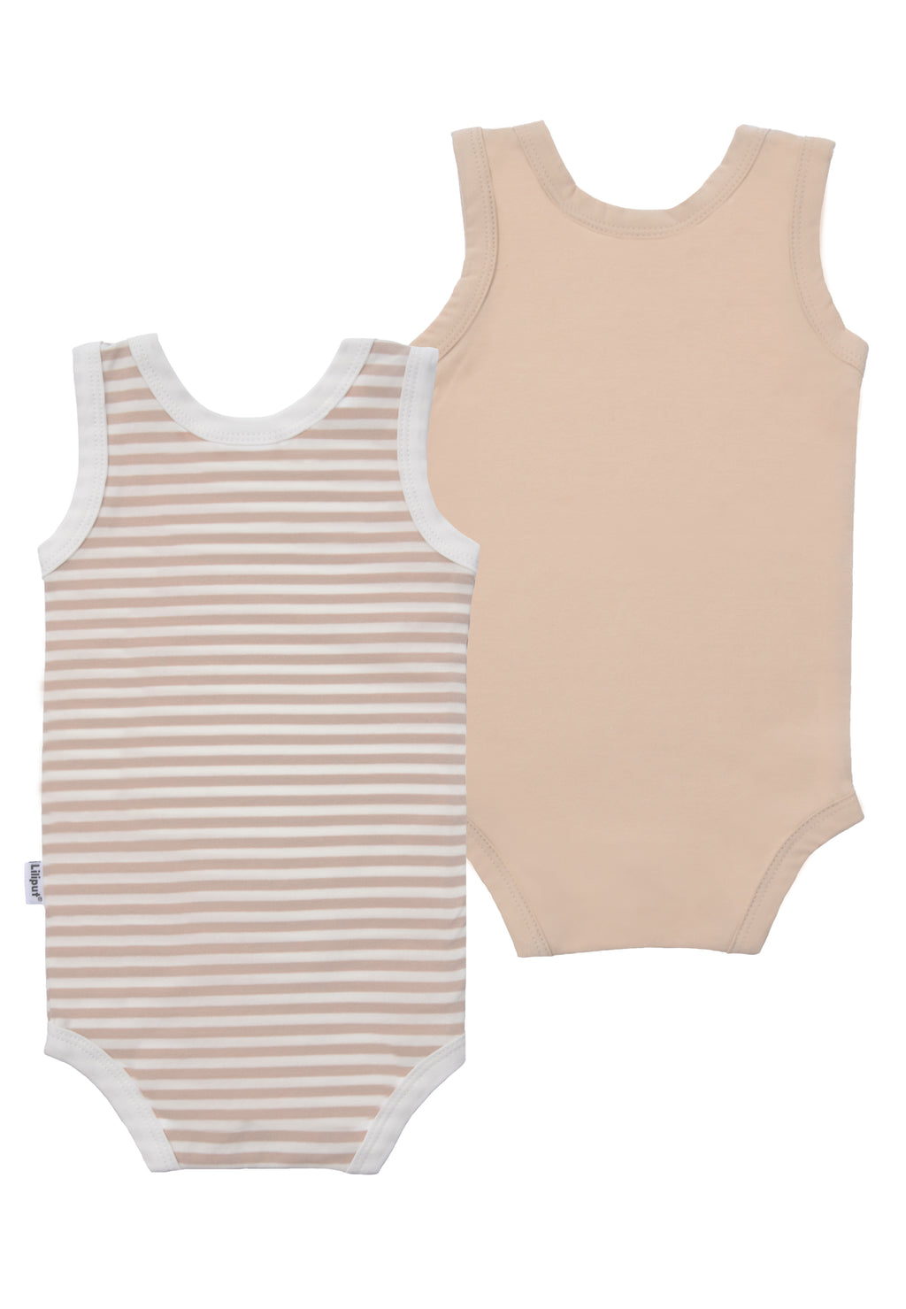 Doppelpack Achselbodys in beige und beige-ecru geringelt mit Boot Aufdruck und kleinem Wording Bonjour.