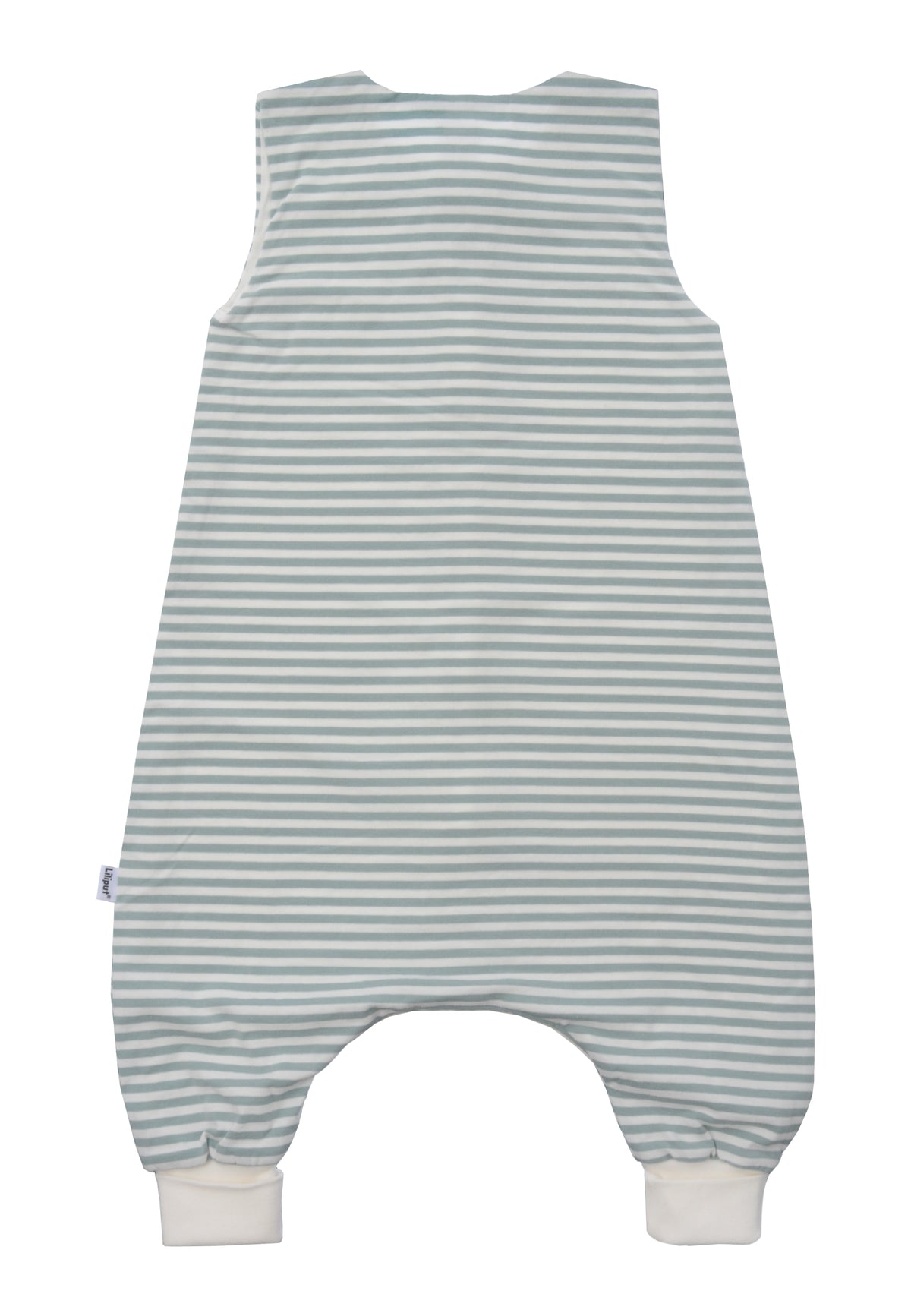 Rückseite des Sommerschlafsacks in schilf-ecru gestreift.