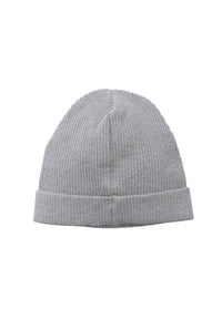 Rückansicht der elastischen Baby Mütze in grau melange.