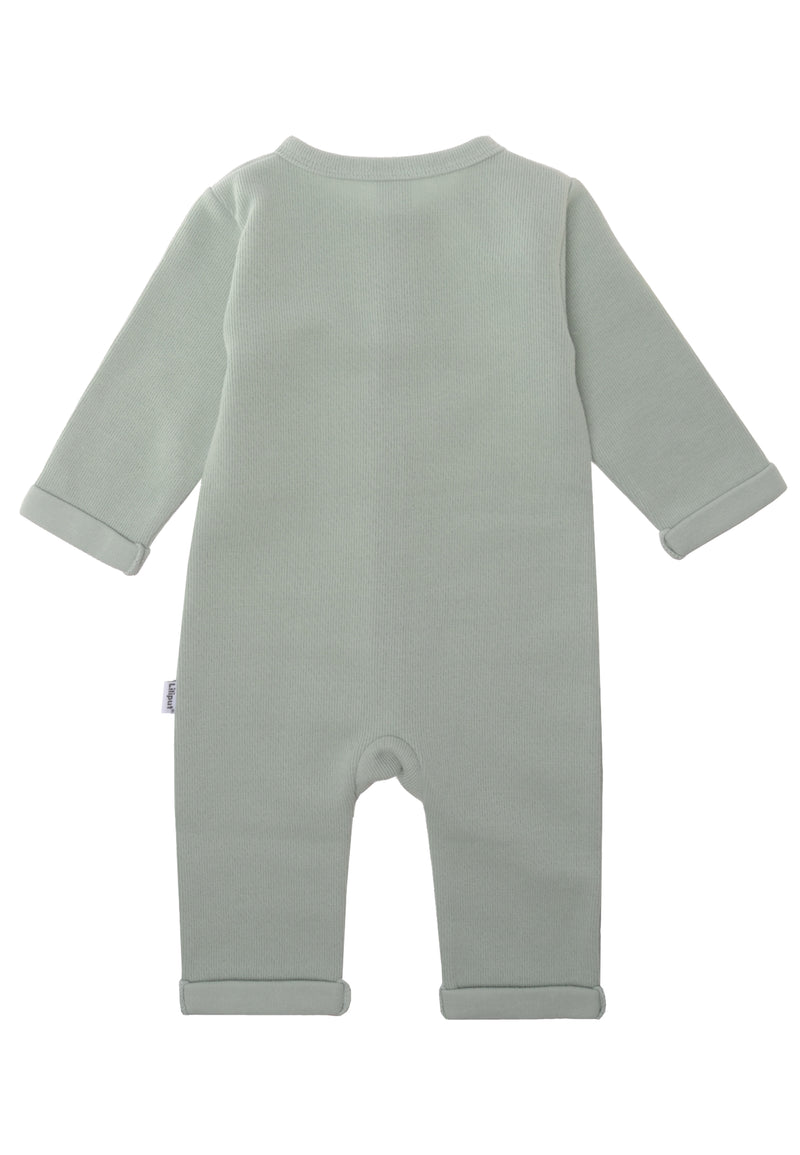 Rückseite des Ribstrick Overalls in schilf.