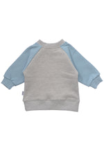 Rückseite des Multicolor Sweater in hellblau und grau melange.