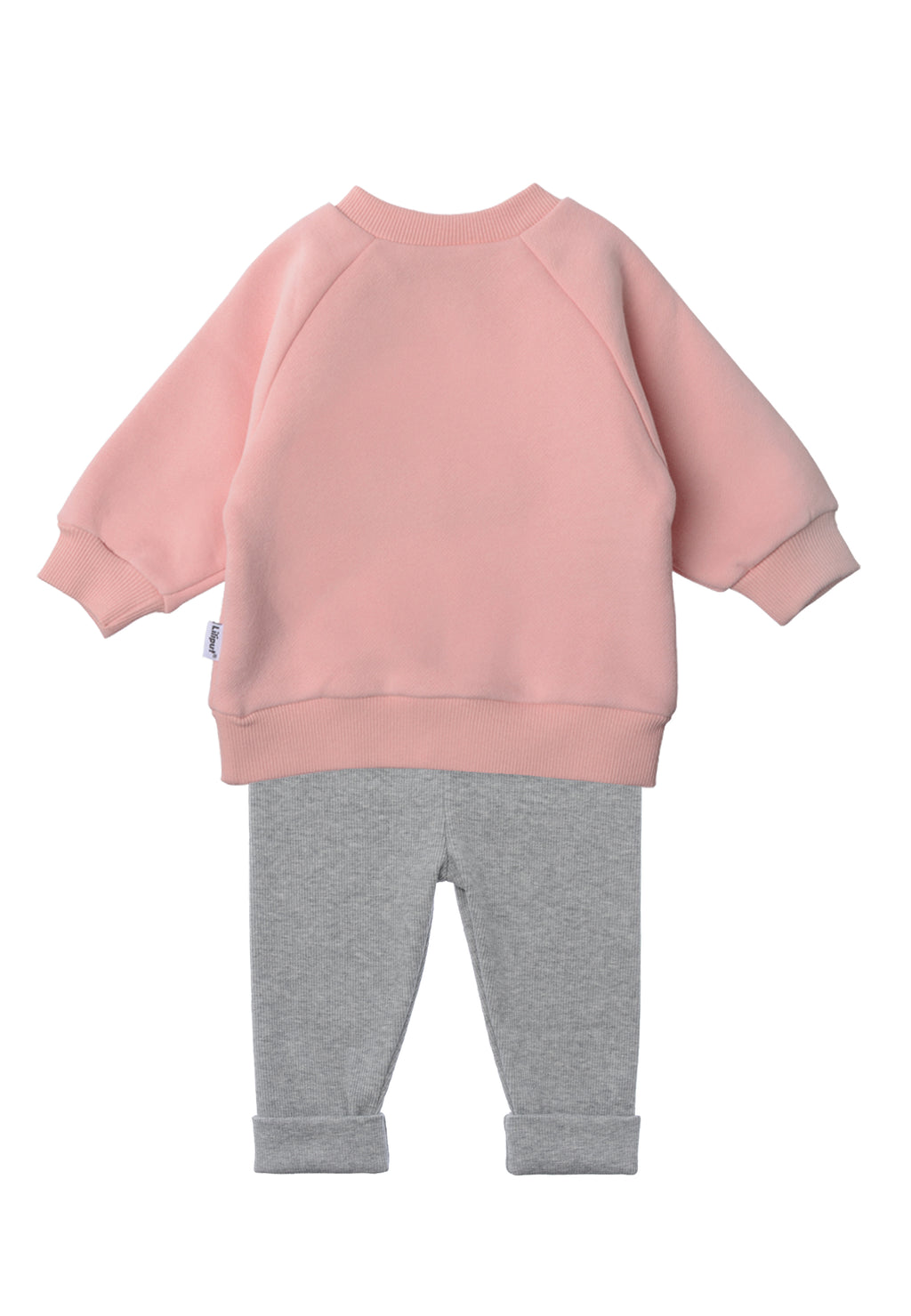 Outfit aus rosa Sweatshirt und dunkelgrauer Leggings mit Schneemannprint auf der linken Brustseite des Sweaters.