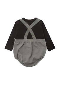 Hochwertiges 2tlg Set: Bequeme Olive Latzhose und Stylisches Langarmshirt in anthrazit- Rückansicht