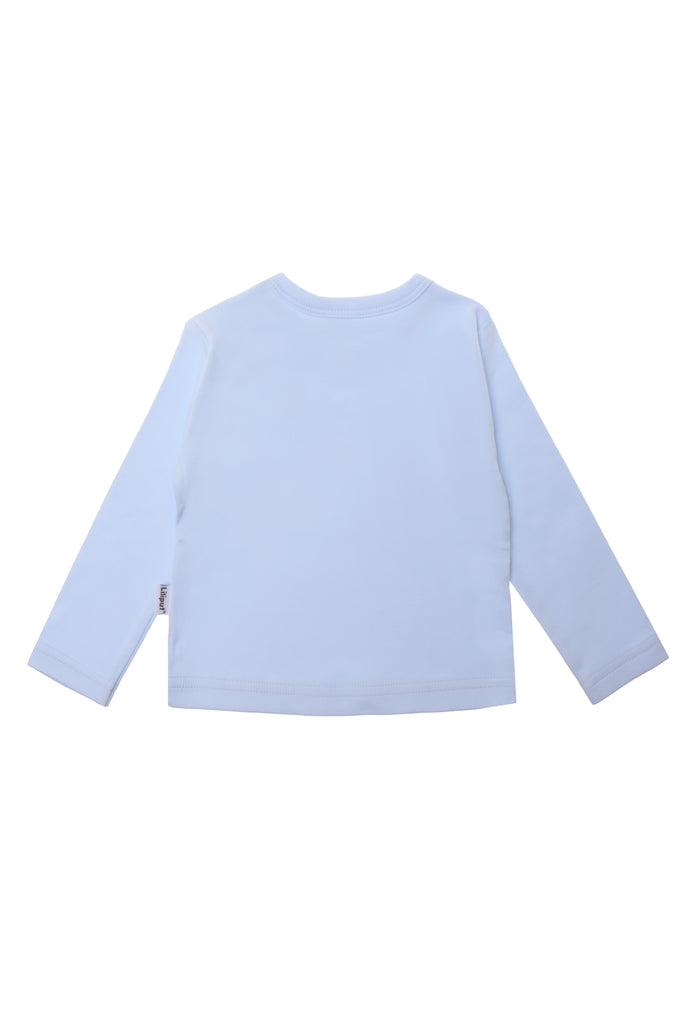Rückseite des schlichten Langarmshirts in hellblau.