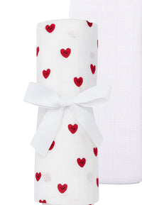 2er Pack Musselintücher in weiß und weiß mit Herzchen-Print